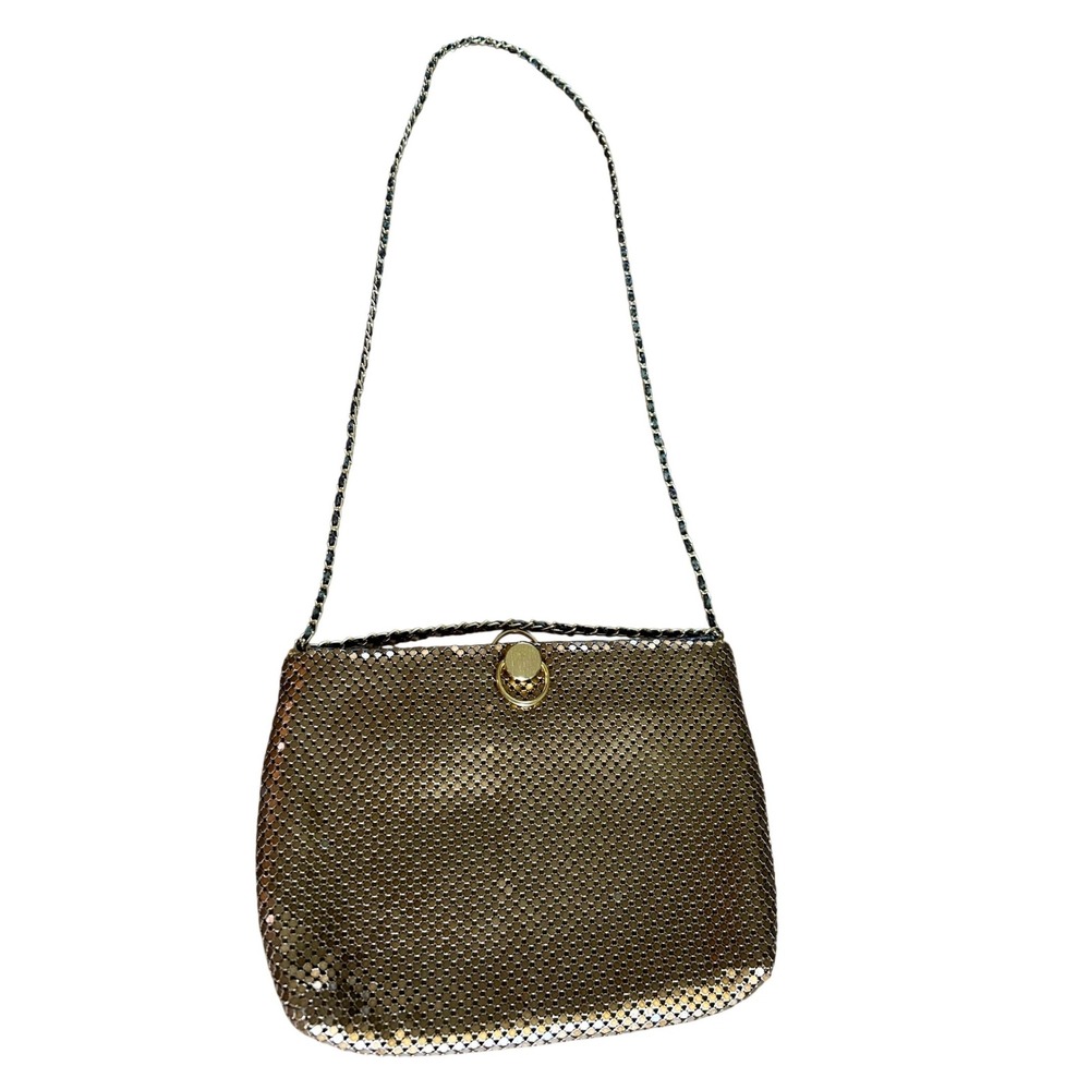 Vintage Gold Mesh Shoulder Bag Metallic Evening Clutch Chain Strap Ring Clasp - Picture 2 of 10